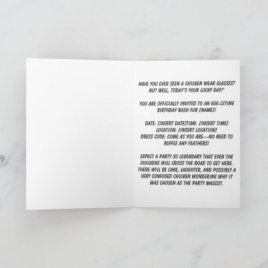 Funny Birthday Card mit stilvollem Huhn Einladung (Innenseite)