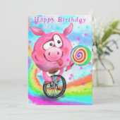 Funny Birthday Card Pig Cyclist Licks Lollipop (Stehend Vorderseite)
