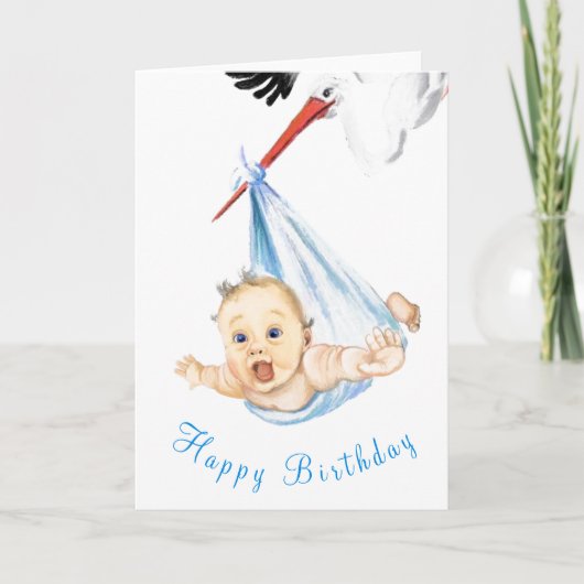 Funny Birthday Card Storch Carry Baby Karte (Vorderseite)
