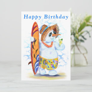 Funny Birthday Card Summer Snowman Surfer