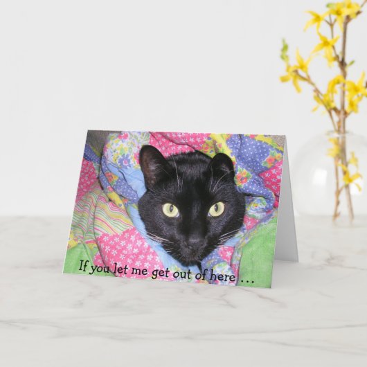 Funny Birthday Card: Wrapped black Cat Karte (Gelbe Blume)