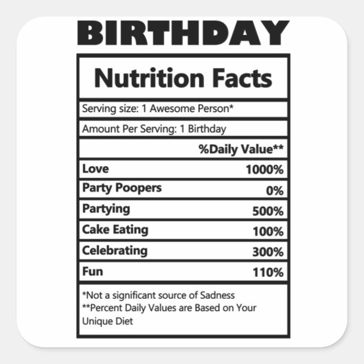Funny Birthday Nutrition Fakten Quadratischer Aufkleber (Vorderseite)
