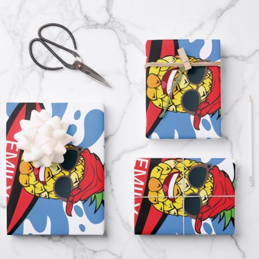 Funny Birthday Surfing Ananas Geschenkpapier Set (Vorderseite)