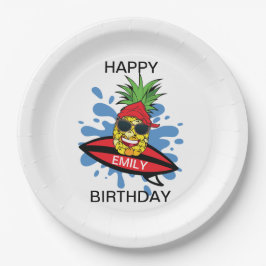 Funny Birthday Surfing Ananas Pappteller