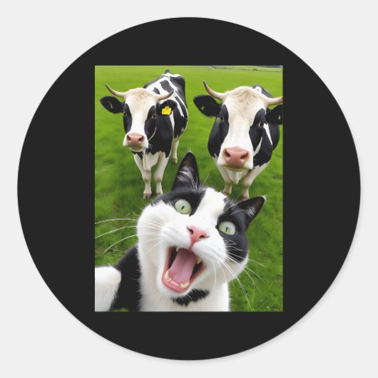 Funny Black And White Cat Cow Selfie Runder Aufkleber (Vorderseite)