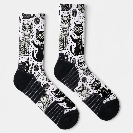 Funny Black and White Cat Pattern Socken (Rechts)