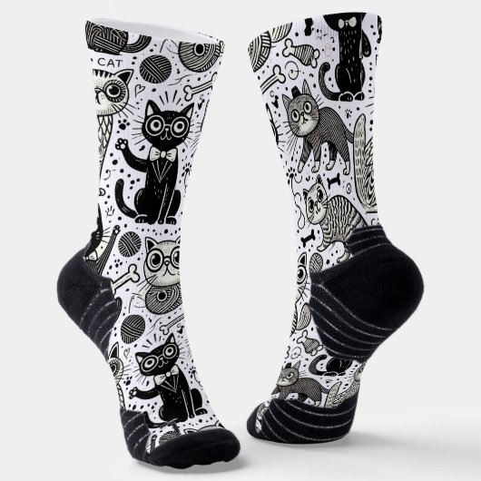 Funny Black and White Cat Pattern Socken (Gewinkelt)