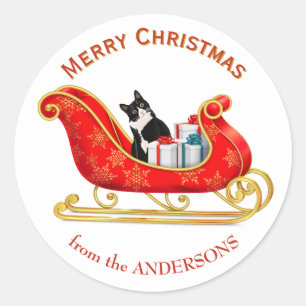 Funny Black and White Cat Weihnachten Schlitten Runder Aufkleber