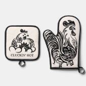 Funny Black and White Chicken Ofenhandschuh & Topflappen-Set (Vorderseite)
