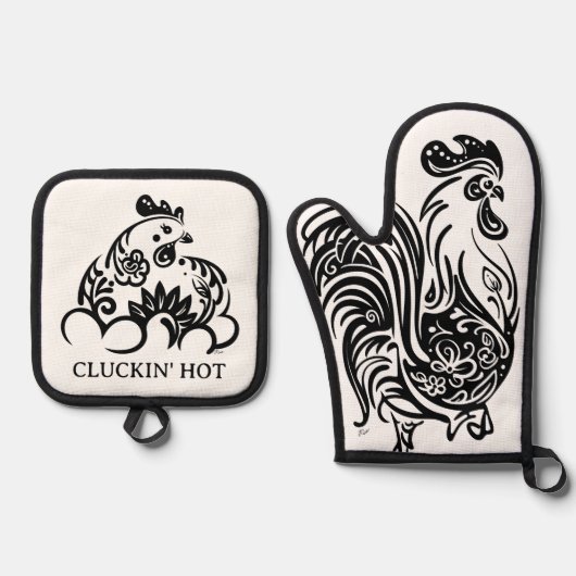 Funny Black and White Chicken Ofenhandschuh & Topflappen-Set (Vorderseite)