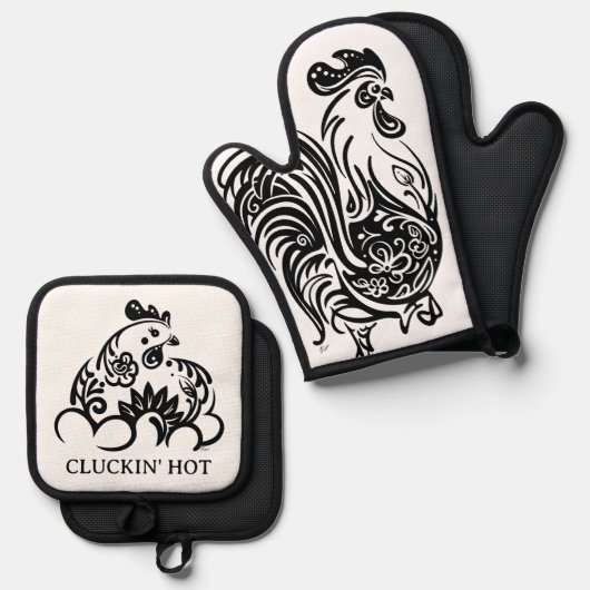 Funny Black and White Chicken Ofenhandschuh & Topflappen-Set (Vorderseite/Rückseite)