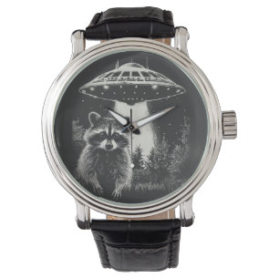Funny Black and White Space Raccoon UFO Armbanduhr