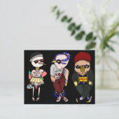 Funny Black Birds Wear Kleidung Illustration Art Postkarte (Stehend Vorderseite)