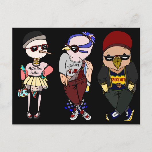 Funny Black Birds Wear Kleidung Illustration Art Postkarte (Vorderseite)