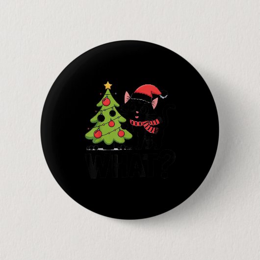 Funny Black Ca Pushing Christmas Tree Over Cat Wha Button (Vorderseite)