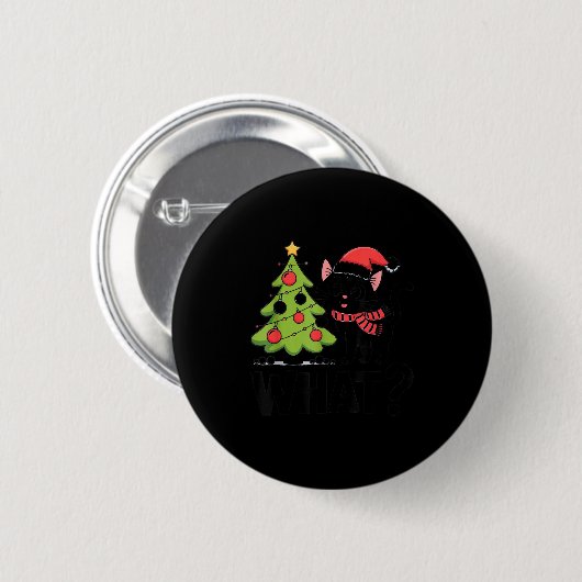 Funny Black Ca Pushing Christmas Tree Over Cat Wha Button (Vorne & Hinten)