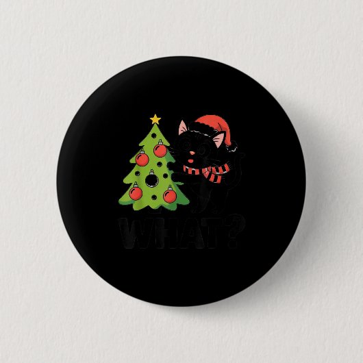 Funny Black Ca Pushing Christmas Tree Over Cat Wha Button (Vorderseite)