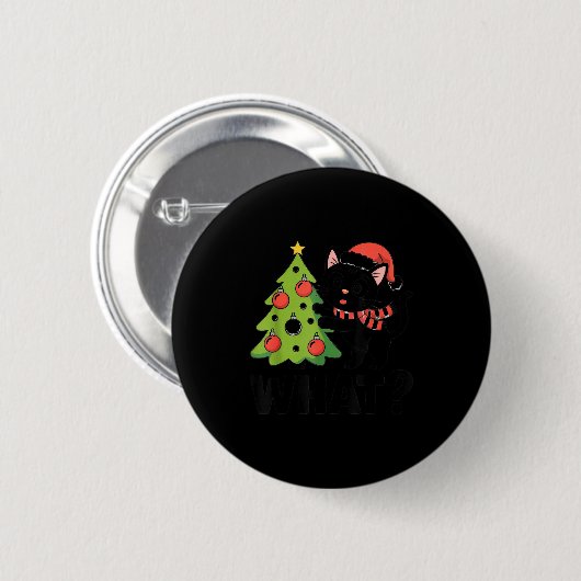 Funny Black Ca Pushing Christmas Tree Over Cat Wha Button (Vorne & Hinten)