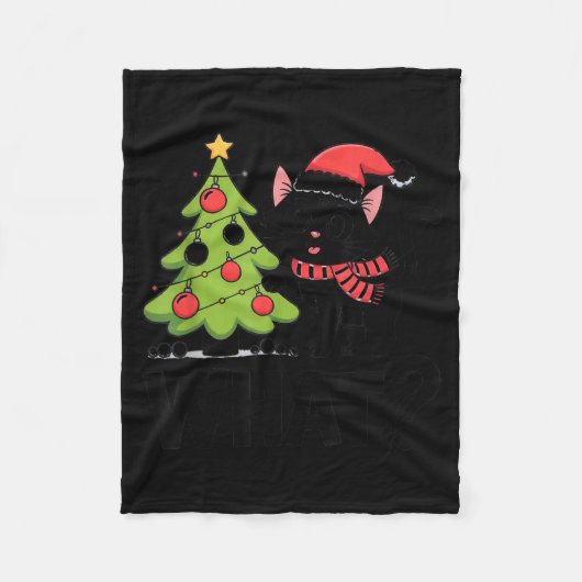 Funny Black Ca Pushing Christmas Tree Over Cat Wha Fleecedecke (Vorderseite)