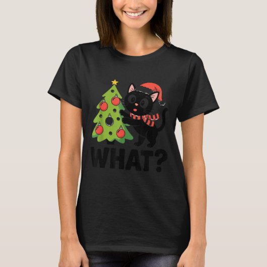 Funny Black Ca Pushing Christmas Tree Over Cat Wha T-Shirt (Vorderseite)
