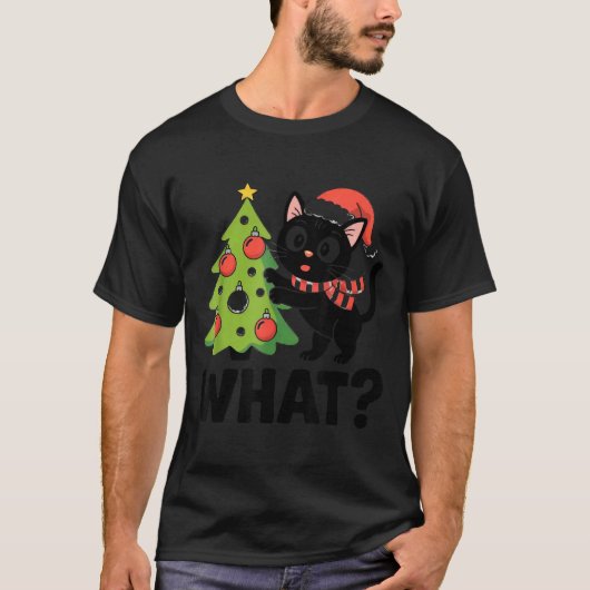 Funny Black Ca Pushing Christmas Tree Over Cat Wha T-Shirt (Vorderseite)