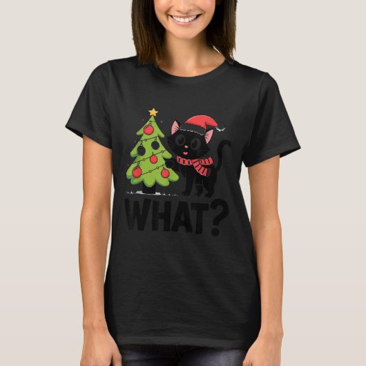 Funny Black Ca Pushing Christmas Tree Over Cat Wha T-Shirt (Vorderseite)