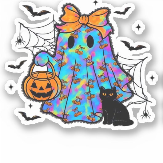 Funny Black Cat and Ghost Halloween Essential T-Sh Aufkleber (Vorderseite)