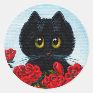 Funny Black Cat Art Rose Runder Aufkleber