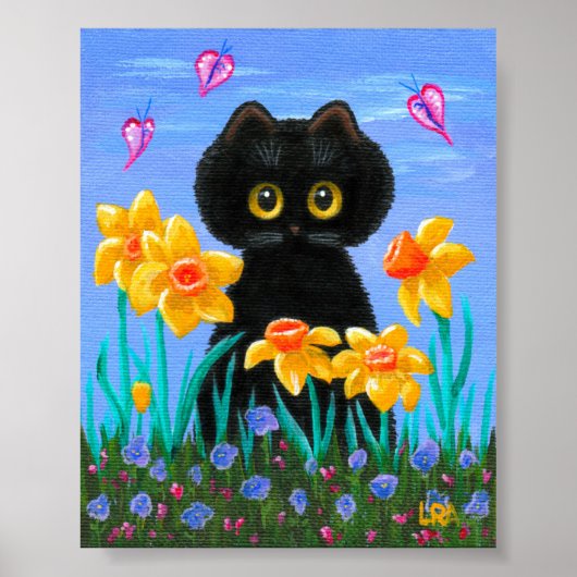 Funny Black Cat Art Spring Daffodils Creationarts Poster (Vorne)
