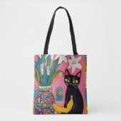 Funny Black cat Banana and Flower Vase Tasche (Vorderseite)