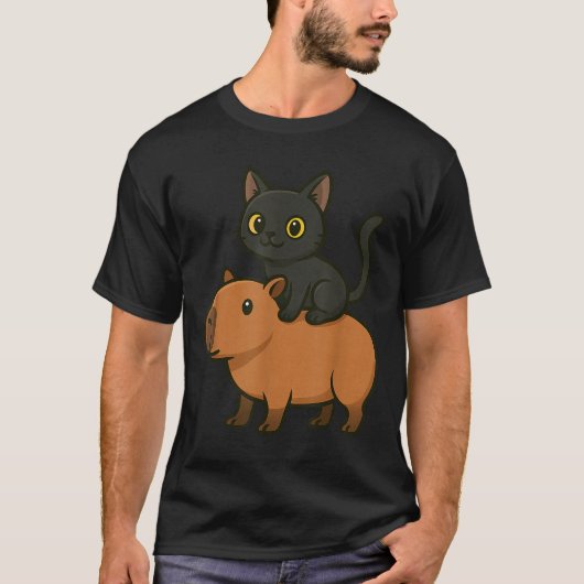 Funny Black Cat Capybara Mama Vater T-Shirt (Vorderseite)