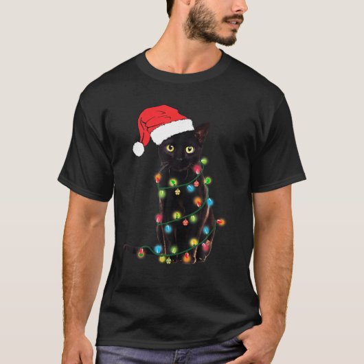 Funny Black Cat Christmas Light Funny Cat Lover Ch T-Shirt (Vorderseite)