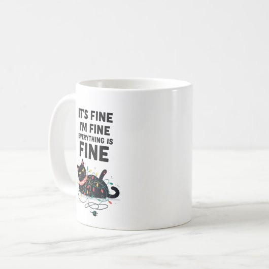 Funny Black Cat Christmas Lights Mug Kaffeetasse (Vorderseite Links)