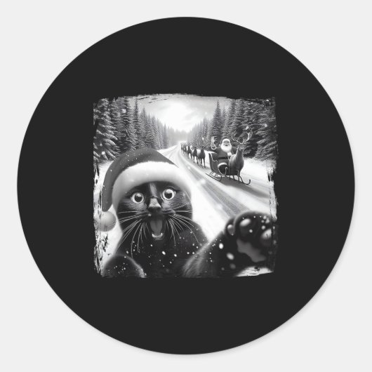 Funny Black Cat Christmas Selfie Santa Sleigh Snow Runder Aufkleber (Vorderseite)
