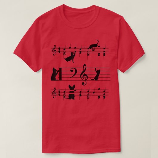 Funny Black Cat Climbing Playing Sheet Music Note T-Shirt (Design vorne)