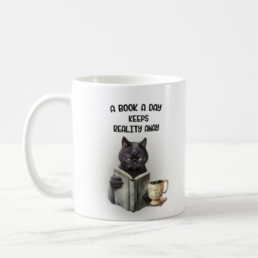 Funny Black Cat Coffee Book Day Behalte Realität w Kaffeetasse (Links)