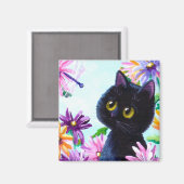 Funny Black Cat Dragonfly Daisies Creationarts Magnet (Vorderseite/Rückseite)