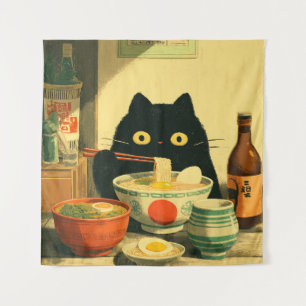 Funny Black Cat Eating Ramen Japanisch Vintag Wandteppich