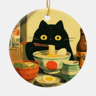 Funny Black Cat Eating Ramen Keramik Ornament