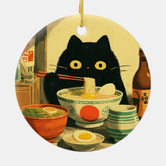 Funny Black Cat Eating Ramen Keramik Ornament (Hinten)