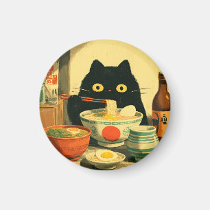 Funny Black Cat Eating Ramen Magnet