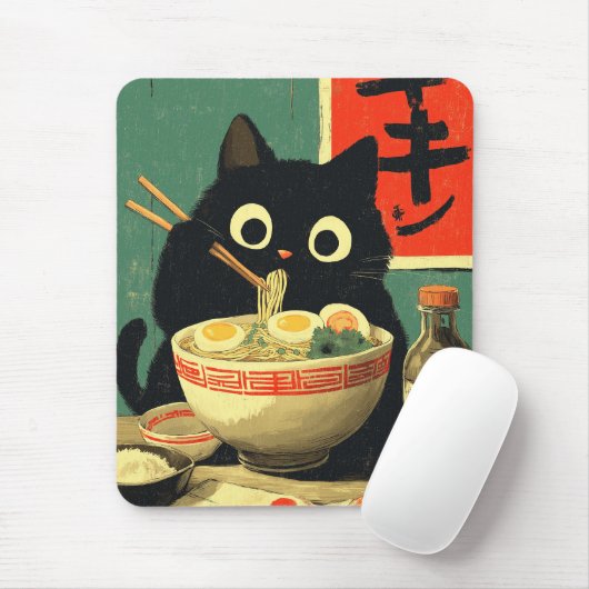 Funny Black Cat Eating Ramen Mousepad (Mit Mouse)