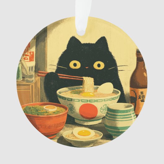 Funny Black Cat Eating Ramen Ornament (Vorderseite)