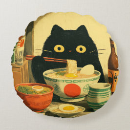 Funny Black Cat Eating Ramen Rundes Kissen