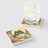 Funny Black Cat Eating Ramen Steinuntersetzer (Seitenansicht)