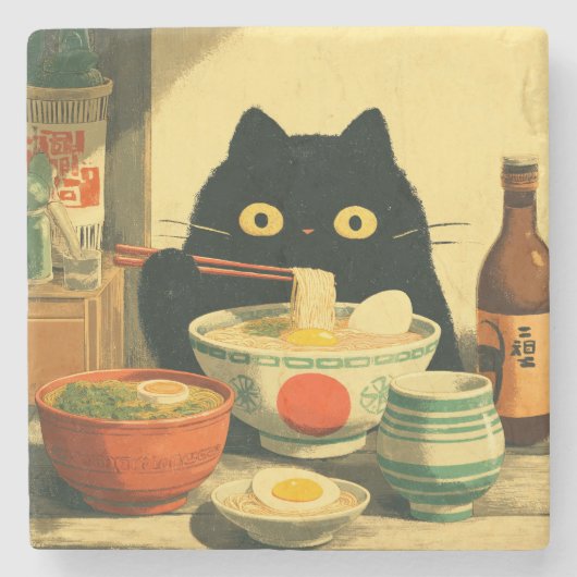 Funny Black Cat Eating Ramen Steinuntersetzer (Vorderseite)