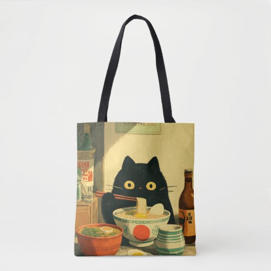 Funny Black Cat Eating Ramen Tasche (Vorderseite)