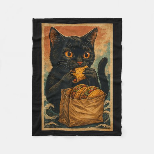 Funny Black Cat Eating Tacos Retro Japanese  Fleecedecke (Vorderseite)