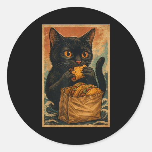 Funny Black Cat Eating Tacos Retro Japanese Runder Aufkleber (Vorderseite)