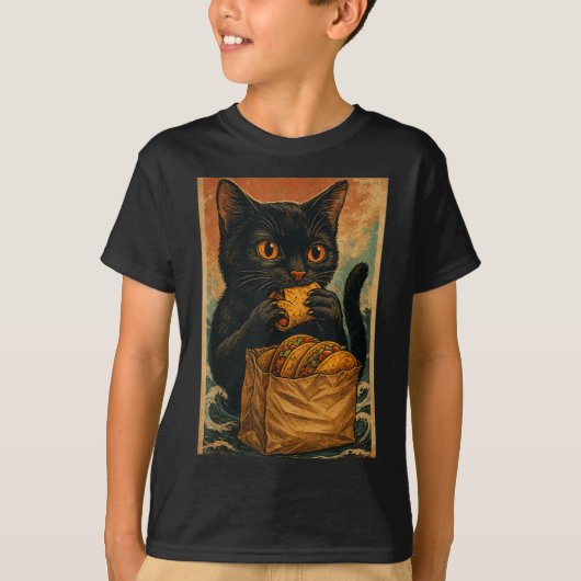 Funny Black Cat Eating Tacos Retro Japanese  T-Shirt (Vorderseite)
